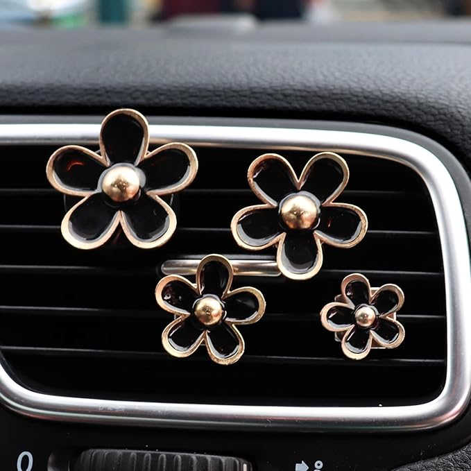 Daisy Air Vent Clips, 4 Pcs Cute Flower Car Air Conditioning Outlet Clip Car Air Freshener Clip Charm Car Inter Decor Accessories for Women (Black)