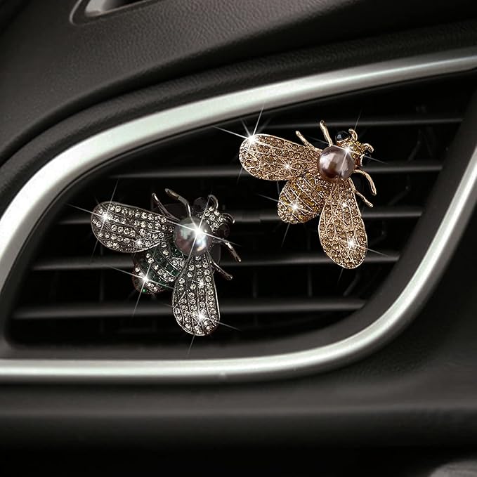 Shiny Bee Car Air Freshener Dashboard Outlet Vent Clips，Pearl Diamond Bee Car Perfume Car Air Conditioner Air Outlet Decoration Aromatherapy Clip，Bling Bee Charms Rhinestone Auto Interior Decorations Accessory