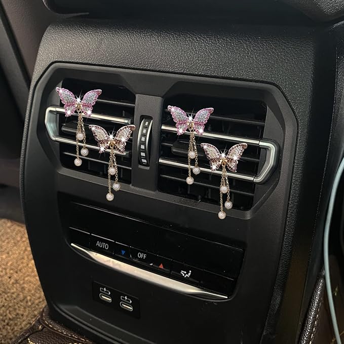4 in 1 Bling Butterfly Aromatherapy Air Vent Clips, Diamond Pearl Pendant Butterfly Car Air Fresheners, Cute Car Decoration, Interior Decor