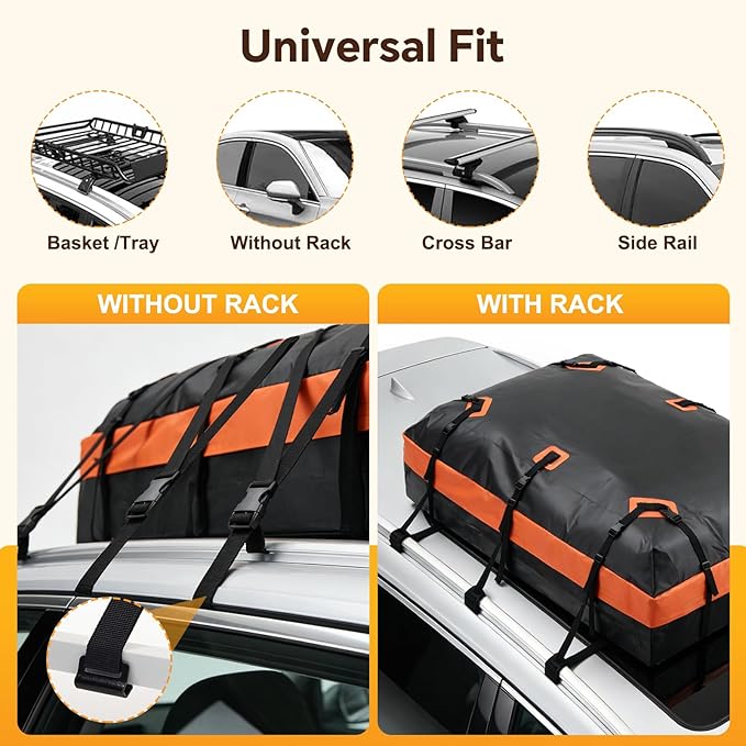 NEWBULIG Car Rooftop Cargo Carrier Bag, 15.1 Cubic Feet Duty Waterproof Bag for All Vehicles with/Without Racks. Includes Anti-Slip Mat, Reinforced Straps, 6 Door Hooks, Storage Bag & Luggage Lock.