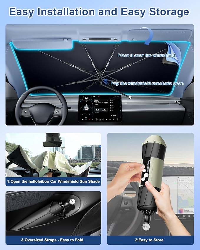 helloleiboo 𝟮𝟬𝟮𝟲 𝗨𝗽𝗴𝗿𝗮𝗱𝗲𝗱 Car Windshield Sun Shade Umbrella 53" x 30" – Foldable Sun Shade with 5-Layer Vinyl Coating, Reflective Heat & UV Protection, Fits Compact Cars & Small Sedans