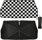 CHILL·TEK Funny Car Windshield Sun Shade Umbrella, Checkered Car Sun Shade Umbrella, Block UV Rays Heat Foldable Windshield Umbrella Sun Visor Protector - Keep Vehicle Cool for Cars SUV