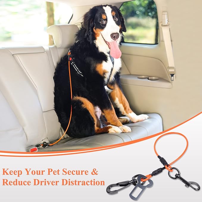 VIVAGLORY Dog Seat Belt Tuffbelt Dog Car Harness, Seatbelt with Clip & Hook for Car Travel, Chew Proof Anti Chew Unchewable Metal Safety Tether Restraint, M, Orange