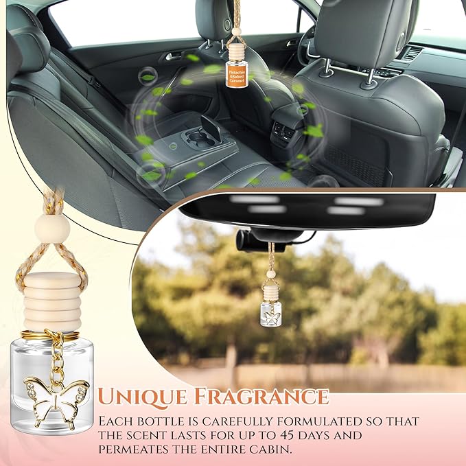 2 Pack Car Air Freshener Pistachio and Salted Caramel Hanging Essential Oil Diffuser Long Lasting Car Scent Automobile Aromatherapy with Rearview Mirror Accessories(Butterfly Pendant)