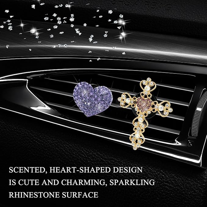 2 PCS Bling Car Vent Clip, Crystal Rhinestone Cross and Heart Car Air Fresheners Vent Clips, Diamond Car Air Conditioner Outlet Decoration Charm for Women, Car Accessories (Purple)