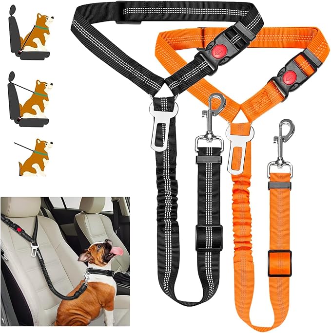 Removable Dog Seat Belt Harness for Car, 3 in 1 Pet Car Seatbelt Leash, Retractable Restraint Secures to Vehicle Headrest & Adjustable Reflective Dog Seatbelt Tether (Black, 2pcs)