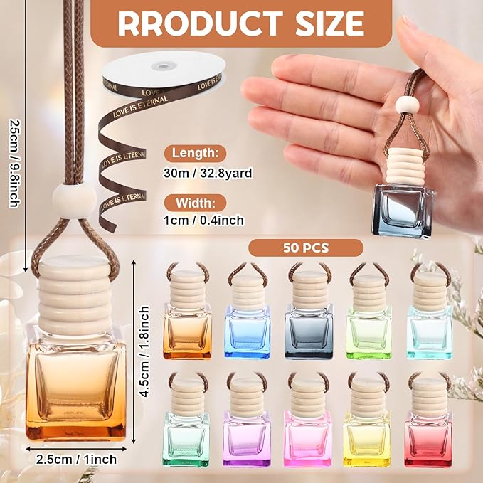 Mudder 50 Pcs Gradient Hanging Car Air Freshener Empty Clear Glass Diffuser Bottles for Essential Oils Perfume Pendant for Women Guests Wedding Favors Employee Appreciation Gifts(Cube,Colorful)