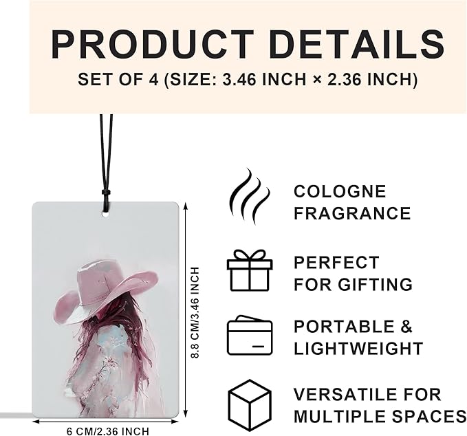 Pink Western Cowgirl Car Air Freshener 4 Pcs, Retro Coquette Pink Bow Cowgirl Boots Horse Air Freshener Hanging for Cars Books Closet Drawer, Cute Girly Car Accessories for Women Girls