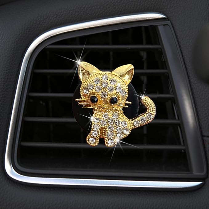 Cute Diamond Cat Air Vent Clip Air Conditioning Outlet Clip Car Air Freshener Clip Charm Car Inter Decor Accessories (Gold)