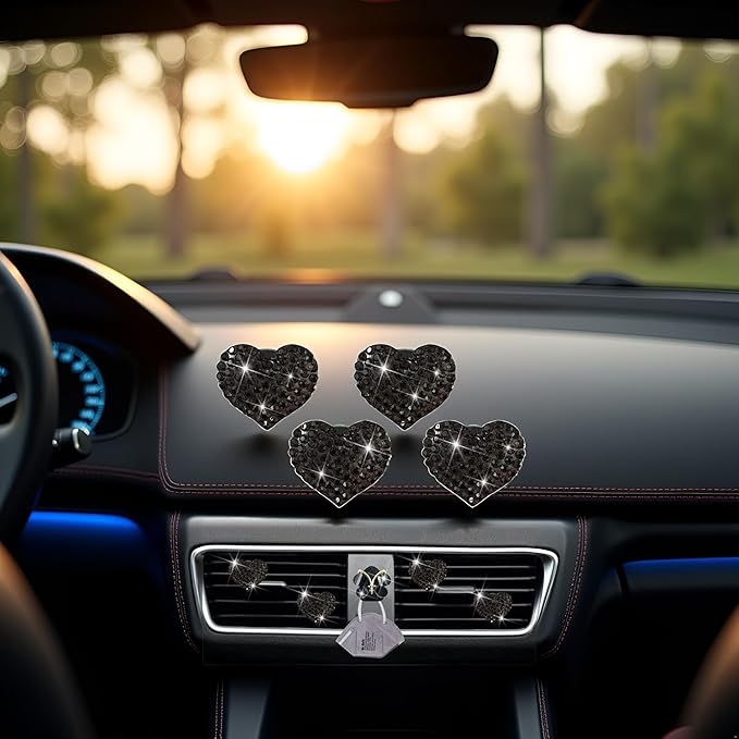 4Pc Black Heart Air Vent Clips,Car Air Fresheners Vents Clips Car Diffuser Diamond Interior Decor Charm Cute Accessories Air Fresheners Interior Accessories