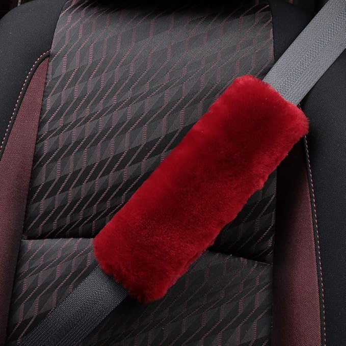 OGLAND 2 Pack Genuine Sheepskin Wool Car Seat Belt Pads for Auto Car Seatbelt Covers, Soft Shoulder Pad, Neck Cushion Protector(Claret)