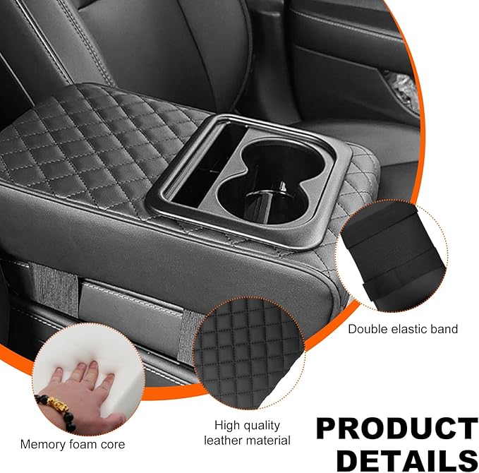 Center Console Armrest Pillow, 14.0"×8.3" Soft Leather Waterproof Armrest Cushion with Cup Holder, Comfy Memory Foam Auto Arm Rest Pad with Storage Bag, Car Accessories (Diamond Pattern)