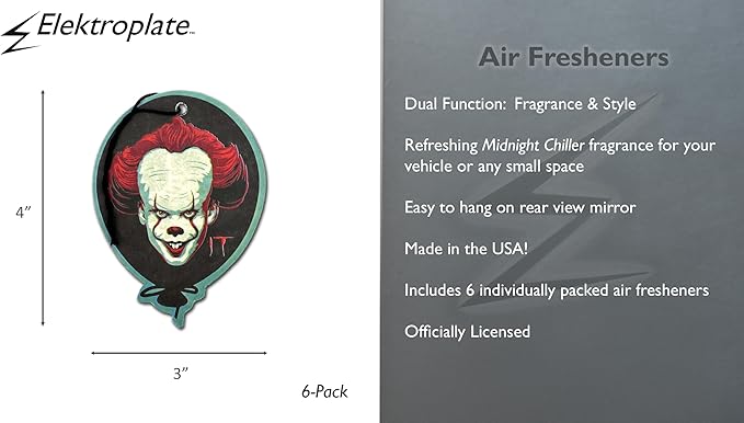 Elektroplate Officially Licensed IT Pennywise Automotive Air Fresheners for Vehicles | Midnight Chiller Scent (6-Pack) | Made in the USA