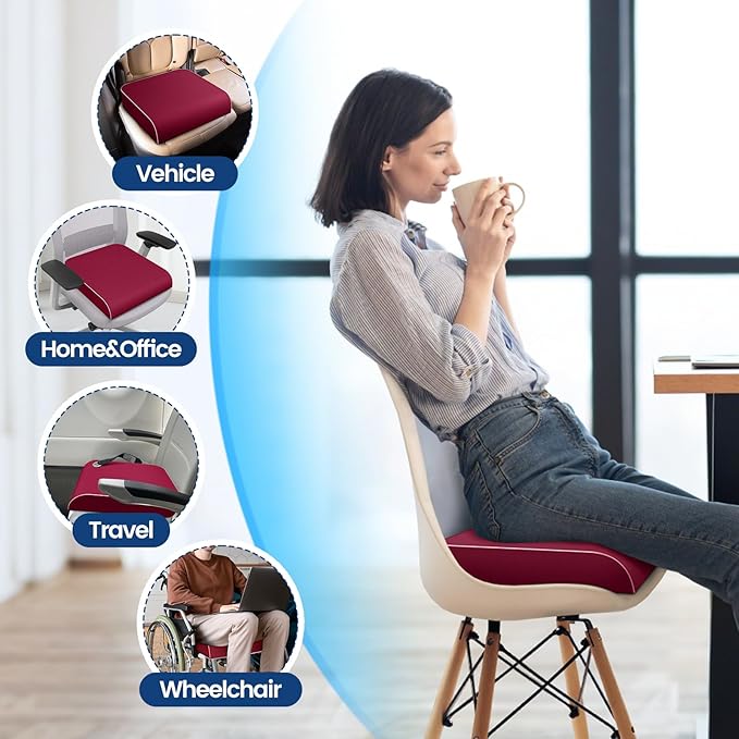 Seat Cushion for Tailbone Pain Relief, Office Chair Cushion, Memory Foam Large Chair Cushion with Non-Slip Cover for Soft Support at Office Chair, Car Seat, Airplane Red/X-Large