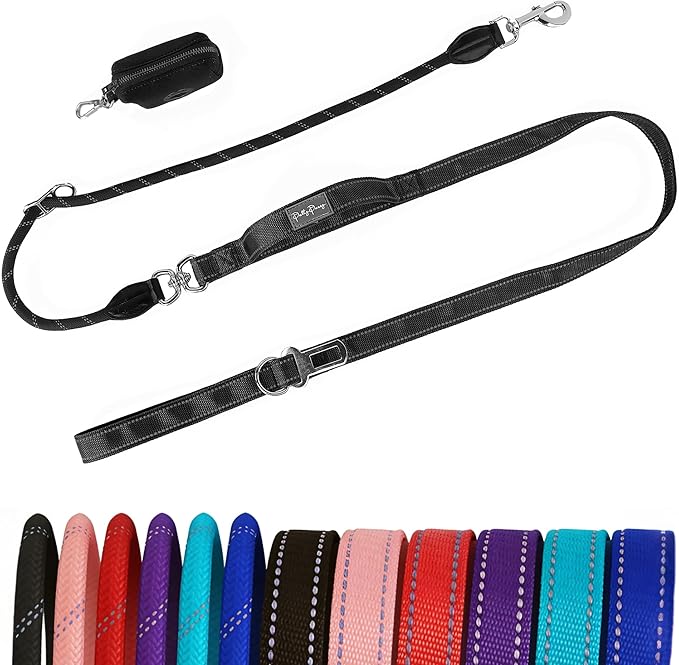 6FT Heavy Duty Dog Leash for Small Medium Large Dogs, Tangle Free Reflective Dog Training Leash with Double Handle, Seat Belt Buckle & Poop Bag Holder (Black)