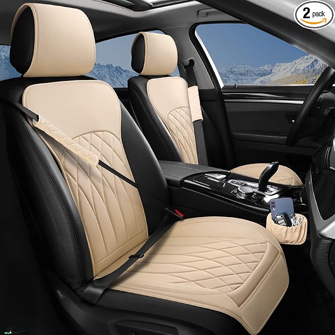 2 Pack Leather Front Car Seat Covers, Universal Sideless Car Seat Protectors with Storage Pocket and Seat Belt Pads, Waterproof Automotive Seat Cover for Cars Trucks SUV(Yellow Beige)