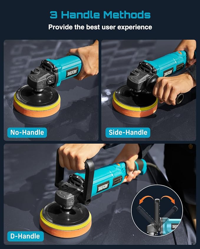 Seesii Car Buffer Polisher 1600W, 7"/6" Variable Speed 2056-3600 RPM Rotary Polisher with Copper Motor & Detachable Handles, Ideal for DIY Detailers, Auto Detailing Hobbyists, Scratch Removal & Waxing