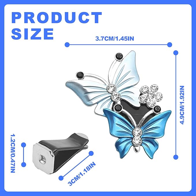 Car Shiny Dual Butterfly Air Outlet Clips, Crystal Air Fresheners Vent Clips, Car Diffuser Vent Clip Rhinestone Diamond Interior Decor, Car Decoration, Bling Car Accessories (2 Pcs Blue)