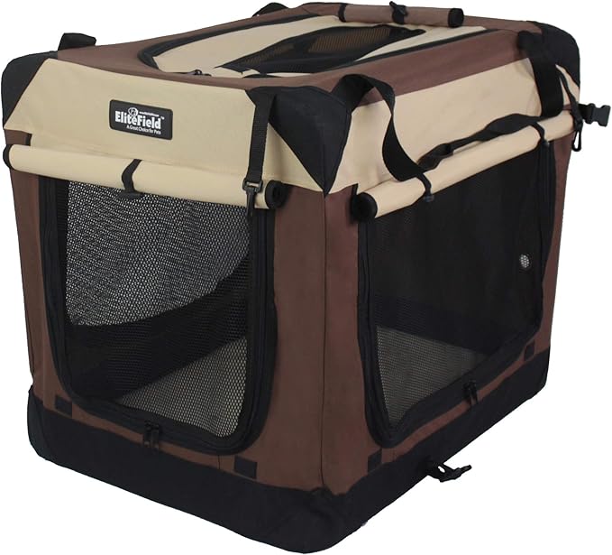 EliteField 4-Door Folding Soft Dog Crate with Curtains, Carrying Bag and Fleece Bed (2 Year Warranty), Indoor & Outdoor Pet Home (24" L x 18" W x 21" H, Brown+Beige)