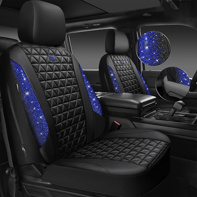 CAR PASS Bling Diamond Black Leather Car Seat Covers Full Set Interior Sets, Waterproof Shining Glitter Sparkly Crystal Universal Armrest Fit Automotive Truck SUV Cute Women Girl, Blue Rhinestone
