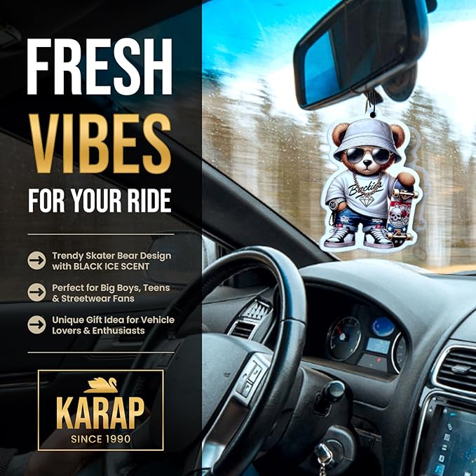 Car Air Freshener. Hanging Card Style for Rearview Mirror, Adorable Design With Long-Lasting Scent (Black Ice.) Decorative & Scented Auto Accessory.