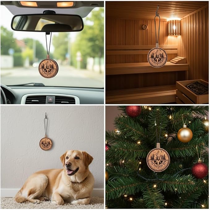 Wood Car Air Freshener — Handmade Car Air Freshener — Compass Mountains Designed Fragrance Oil Diffuser in Wooden Gift Box — Aromatherapy Set with diAquatoria Fragrance Oil - 10 ml