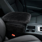 Fluffy Car Armrest Cover with Side Pockets – Plush Fuzzy Fur Center Console Armrest Cushion Pad, Universal Winter Car Interior Protector, Soft Arm Rest Cover with Storage for Women & Men (BLACK)