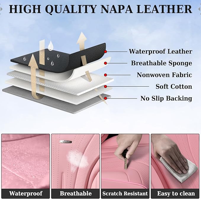 Coverado Seat Covers for Cars, Leather Car Seat Covers Full Set, Pink Waterproof Seat Covers, Luxury Car Seat Protector, Front and Back Car Seat Cushions Universal Fit for Most Sedans, Trucks, SUV