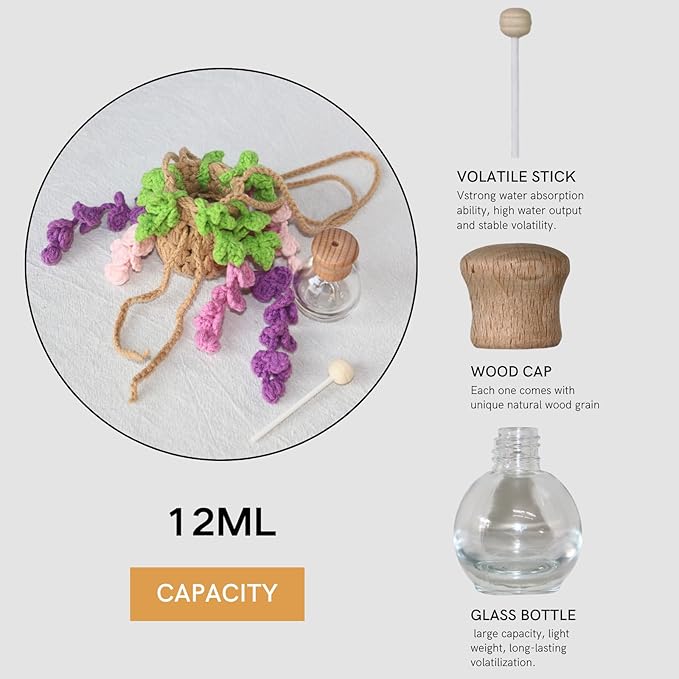 Handmade Crochet Hanging Car Air Freshener - Botanical Wisteria Blossom Design with 12ml Refillable Glass Essential Oil Bottle, Long-Lasting Car Diffuser & Nature-Inspired Decor