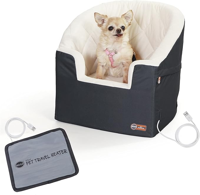 K&H Pet Products Bucket Booster for Small & Medium Dogs - Washable Heated Car Seat with Safety Leashes - Charcoal/Cream