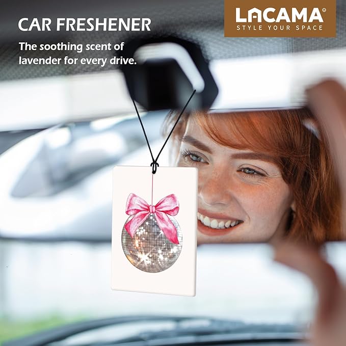 Lacama Pink Preppy Bow Car Air Freshener 3Pcs, Funky Pink Bow Disco Ball New York News Cars Scents Air Freshener for Women Girls Gifts, Coquette Girly Car Accessories Interior Mirror Decor Hanging