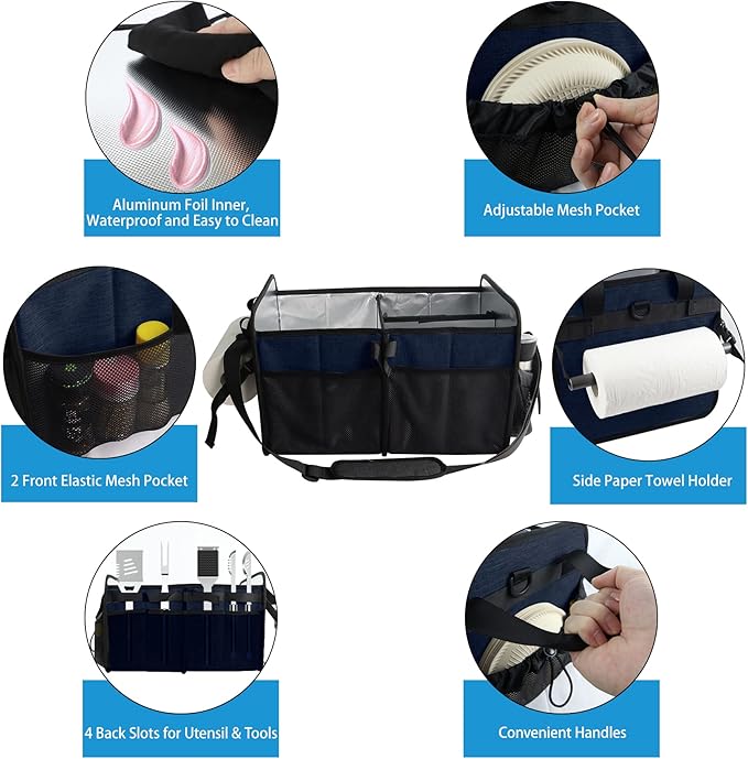 WOMACO Grill BBQ Caddy with Cooler Bag and Paper Towel Holder, Picnic Organizer for Utensil, Plate, Condiment, Griddle Caddy for Outdoor, Camper, Travel, Car, RV Must Haves (Dark Blue)