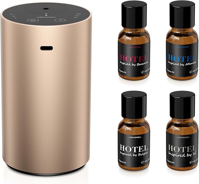 Airversa Waterless Essential Oil Diffuser Starter Kit with 4 x 10mL Hotel Scent Fragrance Oil, Aluminum Housing, Battery Operated Mini Scent Air Portable Diffuser for Home Car Office, ADX Kit Titanium