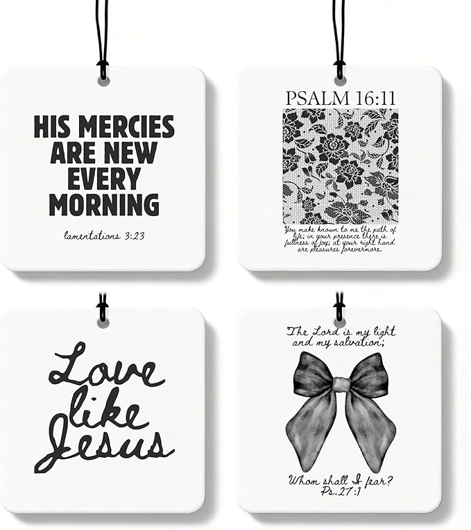 Black Christian Car Air Freshener 4 Pcs, Girly Black Bow Floral Religious Hanging Air Freshener for Cars Closet Drawer Books, Cute Preppy Christian Car Accessories Mirror Decor for Women