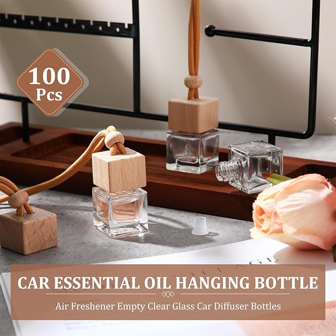 Rtteri 100 Pcs Hanging Car Air Freshener Diffuser Bottles Empty Glass Perfume Diffuser Vials Refillable Oil Aromatherapy Pendant with Wooden Caps and Hanging String for Car Home Office Decor(Square)