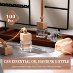 Rtteri 100 Pcs Hanging Car Air Freshener Diffuser Bottles Empty Glass Perfume Diffuser Vials Refillable Oil Aromatherapy Pendant with Wooden Caps and Hanging String for Car Home Office Decor(Square)