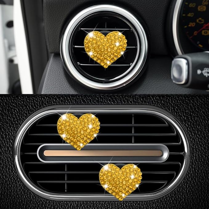 4PCS Heart-Shaped Car Vent Clip with Rhinestone, Vent Clip Car Accessories, Sparkly Rhinestone Bling Diamond Freshener Holder, Air Conditioning Outlet Ornament for Women Girls (Yellow, Style1)