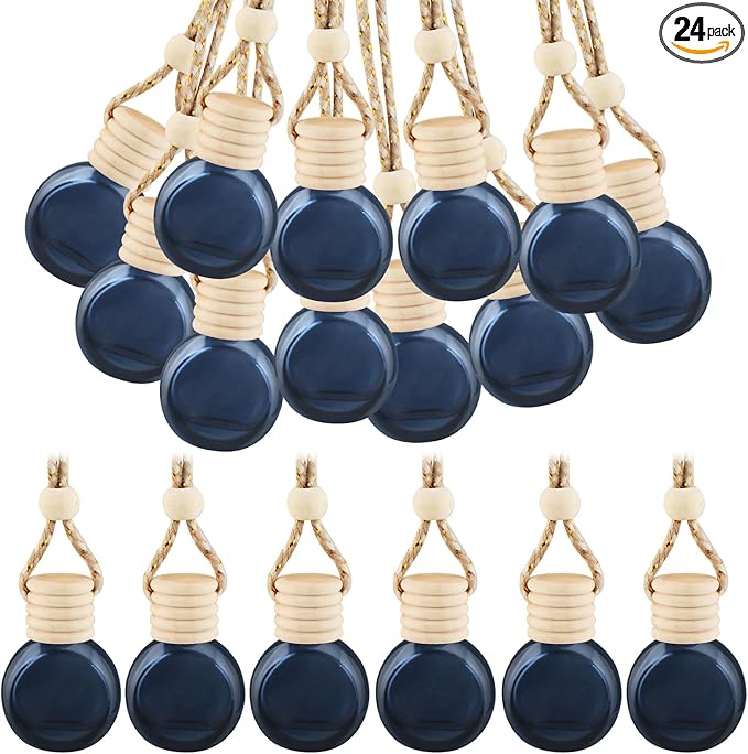 24 Pcs Black Car Hanging Air Fresheners Empty Glass Diffuser Bottles Pendant Perfume Bottle For Essential Oil Fragrance Aromatherapy Auto Interior Ornaments Decor (Oblate-Black)