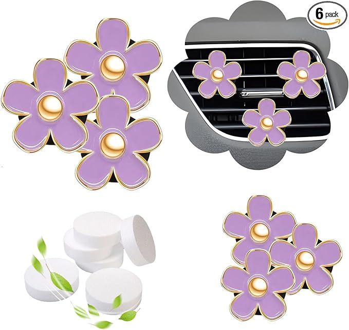 NBTEPEM 6 PCS Daisy Flower Air Vent Clip Car Decoration Accessories Air Conditioning Outlet Clip Car Air Freshener Clip Charm Car Interior Decor(3 cm, 3.3 cm, Purple)