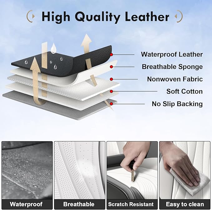 Coverado Front and Back Seat Covers, Waterproof Car Seat Cover, 5 Seat Leather Seat Cover for Cars, Universal Car Seat Protector, Automotive Seat Cover Car Seat Cushion Fit for Most Cars (Gray&White)