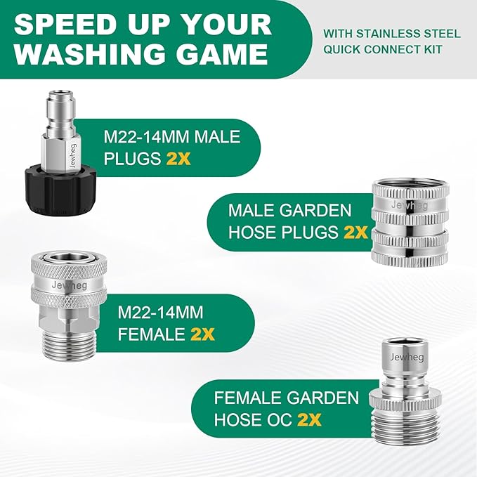 2025 upgraded version，Pressure Washer Quick Connect Kit, Stainless Steel Pressure Washer Adapter Set, M22 Swivel 14mm to 3/8 Inch Quick Disconnect，3/4 Inch Hose Fittings