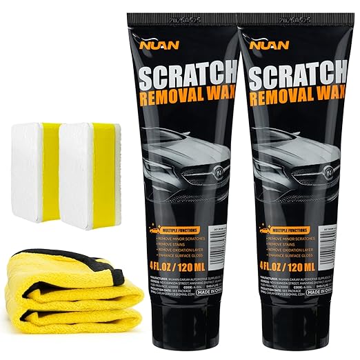 NUAN 2PCS Car Scratch Remover Wax, Universal Premium Polishing Compound for Deep Scratches, 4 fl oz (120 ML), with Sponge and Cloth, Black