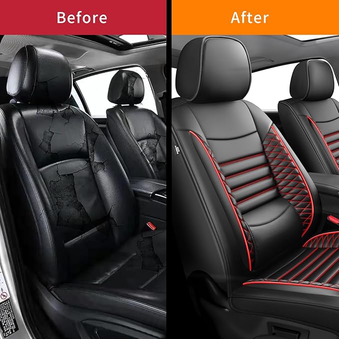 Fit Ridgeline Car Seat Covers for Honda Ridgeline 2007-2025 2026 - Upgraded Premium Waterproof & Breathable Leather, Airbag Compatible, All-Weather Seat Cushion Protector (2 Front/Black+Red)