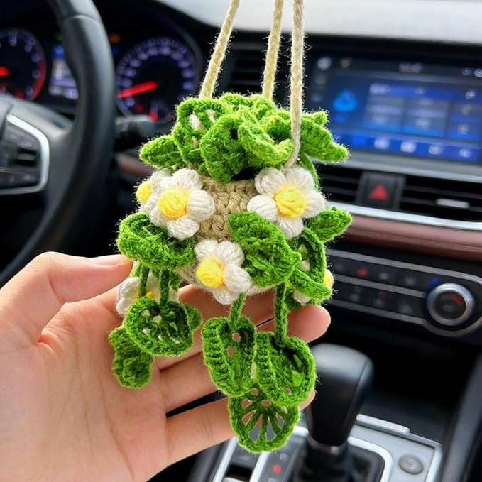 Car Hanging Ornament Cute Crochet Car Hanging Plant Basket, Knitted Boho Plant Decor, Rear View Mirror Decoration Accessories-White Flower