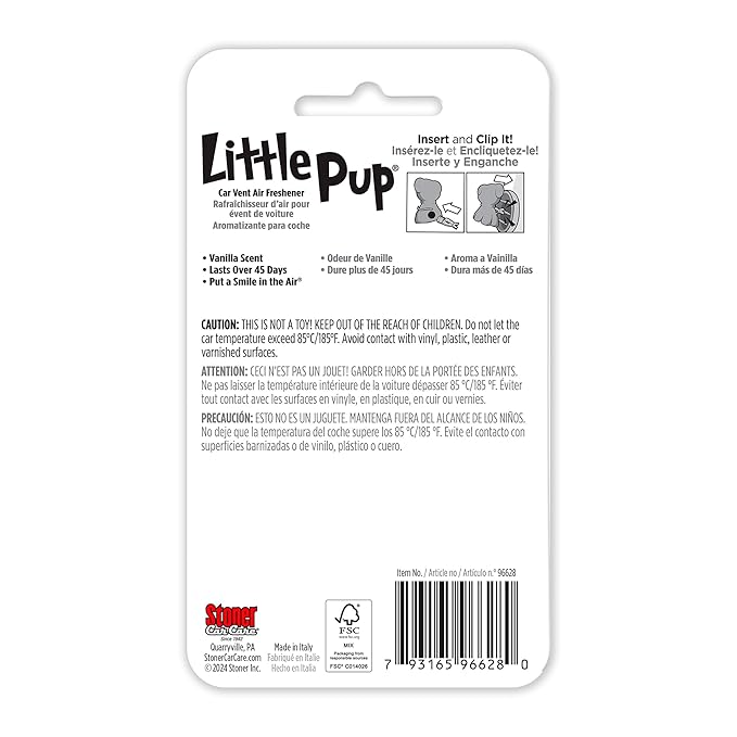 Little Pup 96628 Vanilla Scent Car Air Freshener Clip Provides Long-Lasting Freshness in a Compact Design, Fights Odors for up to 45 Days, Cute Car Odor Eliminator, Non-Toxic, Pack of 1