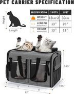 Cat Carrier for 2 Cats, Foldable Double Cat and Dog Carrier, Small to Medium Size, 2 Front Zippered Compartments,Two Pets Carrier for Travel,Mulitple Cat Carrier (Dark Gray with Flat Pocket)