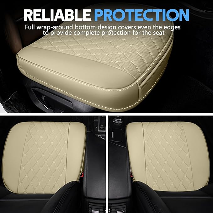 wuyaoyao Leather Car Seat Bottom Covers, Anti-Slip Front Seat Covers for Car, Auto Seat Cover Cushion Pad, Full Wrap Bottom Auto Seat Protector with Pocket Suitable for Most Vehicles (Beige)