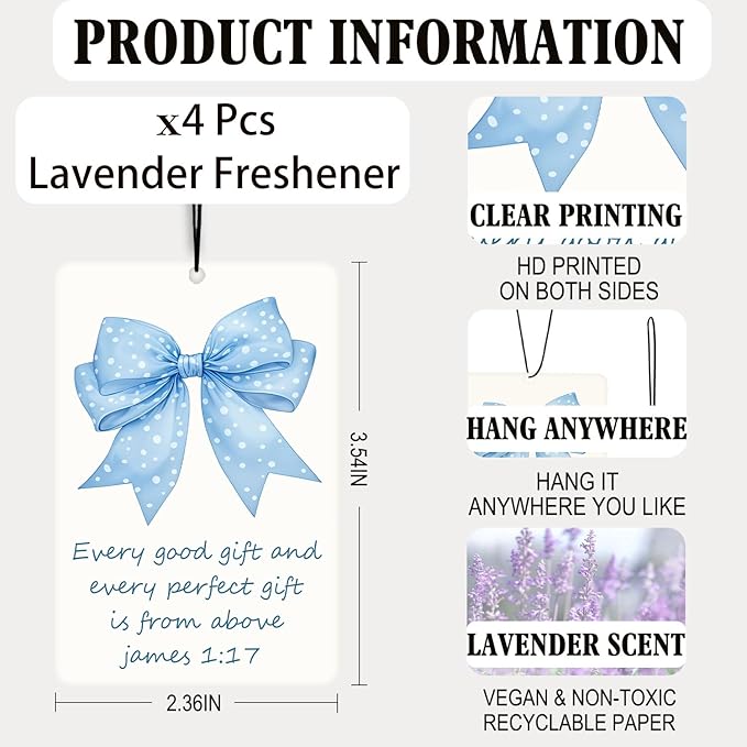 Coquette Blue Bow Christian Lavender Car Air Freshener 4 Pcs, Cute Girly Bible Verse Air Freshener Hanging Decor for Cars Closet Drawer Books