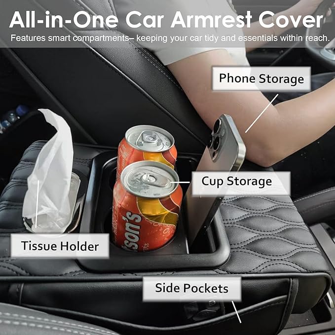 5-in-1 Car Armrest Cushion, Armrest Cover for Car, Nappa Leather Car Console Organizers and Storage for Most Vehicles, Car Accessories (Black, Normal)