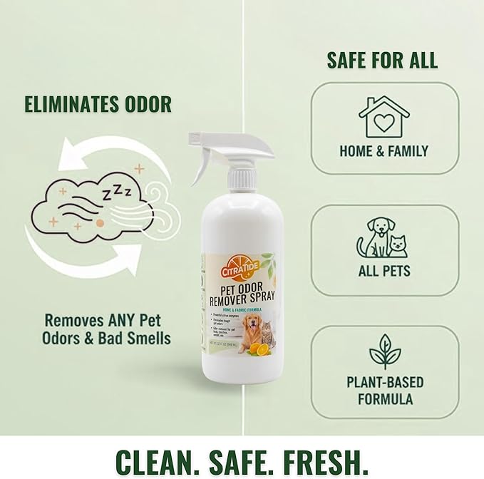 Pet Odor Eliminator – Dog & Cat Urine, Carpet Stains and Smells – Citrus Cleaner – Non-Toxic, Plant-Based Odor Neutralizer for Pet Beds, Carpets & Couches, USA Made (32oz)